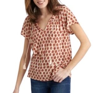 Lucky Brand Ivory Print Short Sleeve V-Neck Top Linen Blend XS Style 7W64883